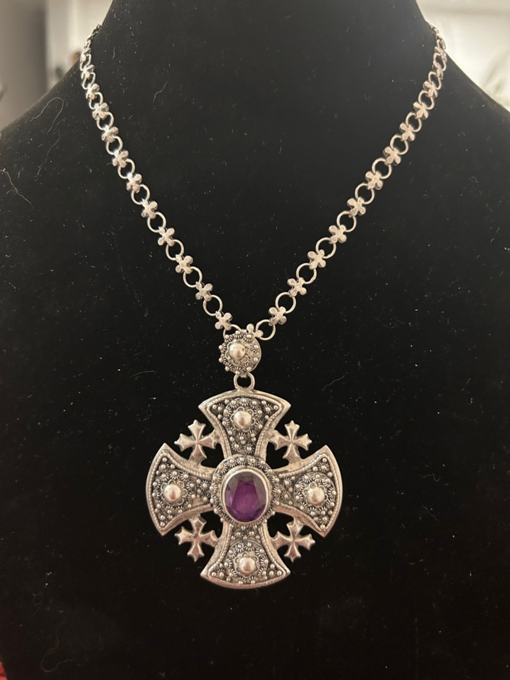 Jerusalem Sterling Silver/Amethyst  Cross Pendant Necklace